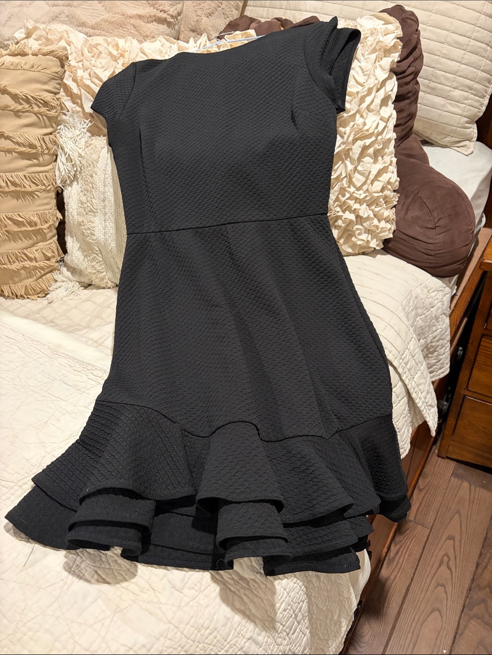 Necessary Objects Black Cap-Sleeve Ruffle-Hem Mini Dress